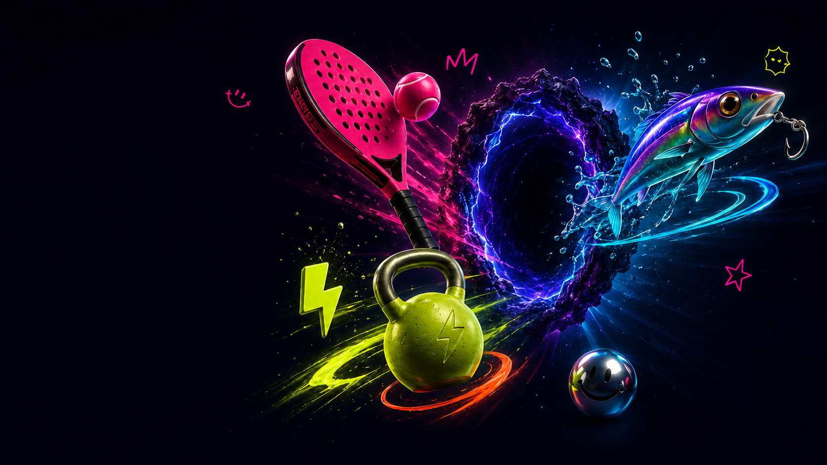 A pink padel racket and ball, a lime kettlebell, a cyan fishing lure and a glowing portal colliding in the Smashverse